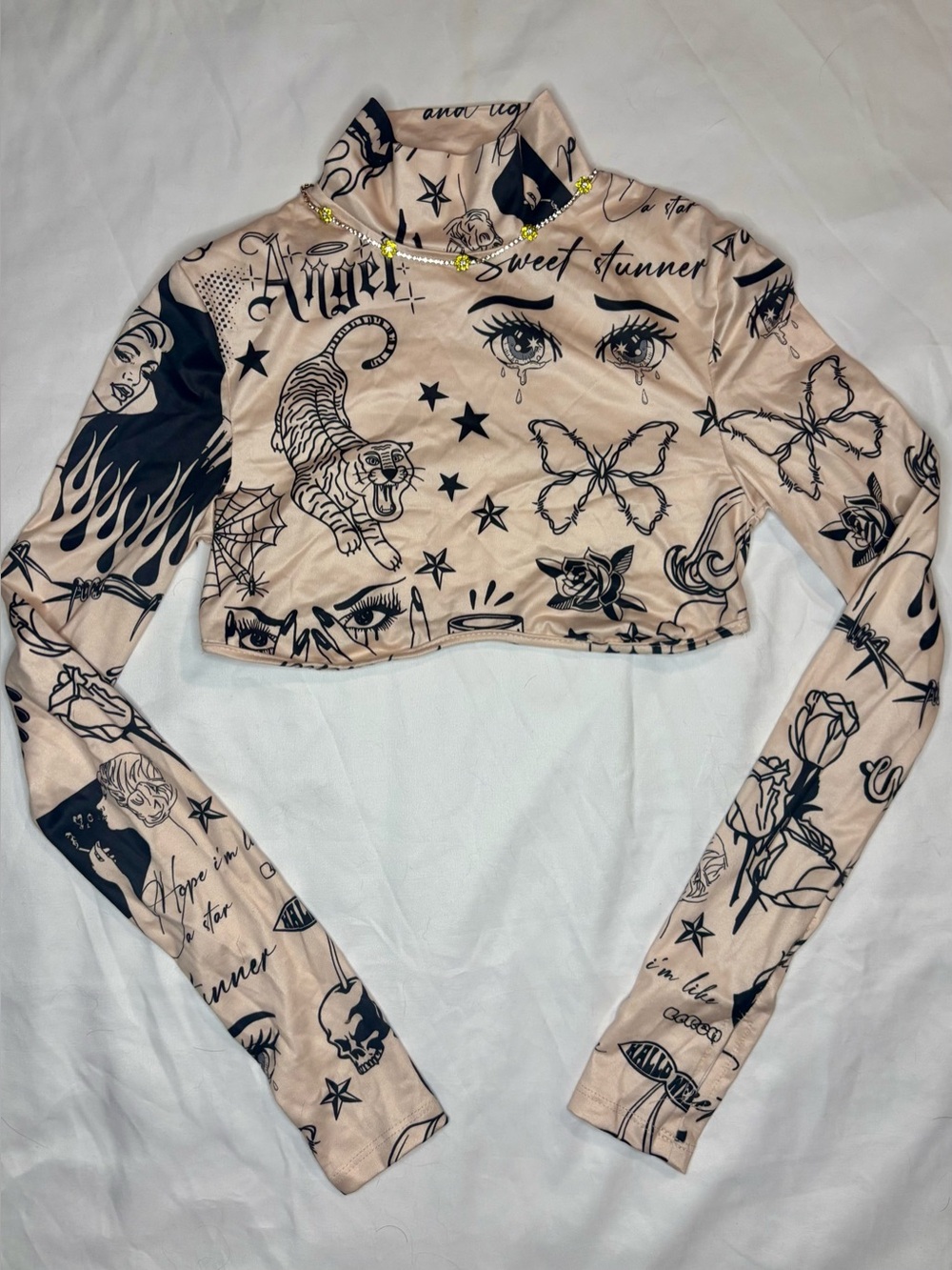 SHEIN Beige Tattoo-Print Long Sleeve Crop Top